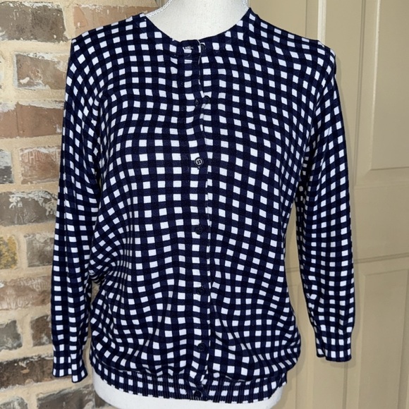 Navy/White Gingham Cotton Cardigan Houndstooth Plaid Button Front 3/4 Sleeve MED - Picture 4 of 10